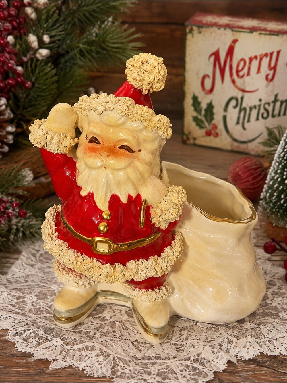 Vintage Napco Spaghetti Trim Christmas Santa Planter Candy Holder Japan 7.5” MCM
